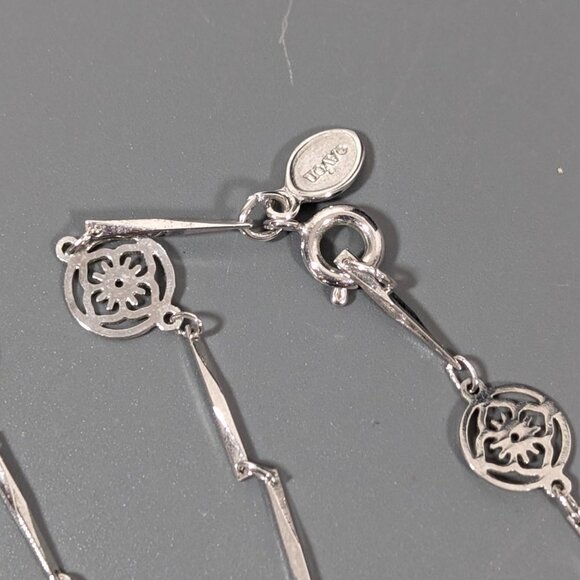 Vintage Avon Flower Lace Filigree Bar Chain Long Necklace Silver Tone 26" - Picture 8 of 9
